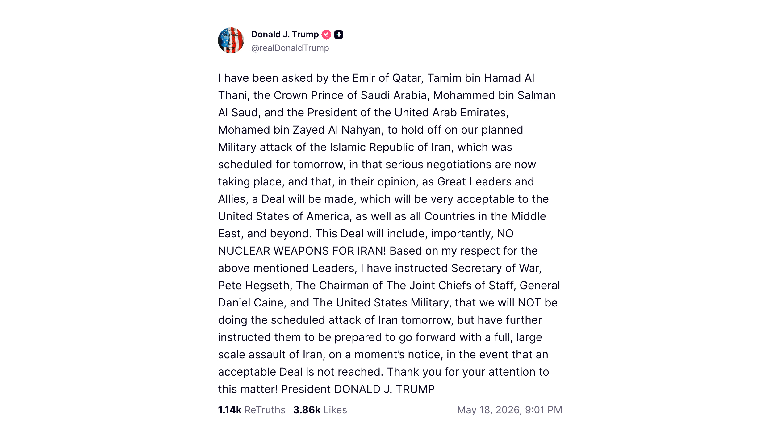 Wpis Donalda Trumpa o wstrzymaniu ataku na Iran