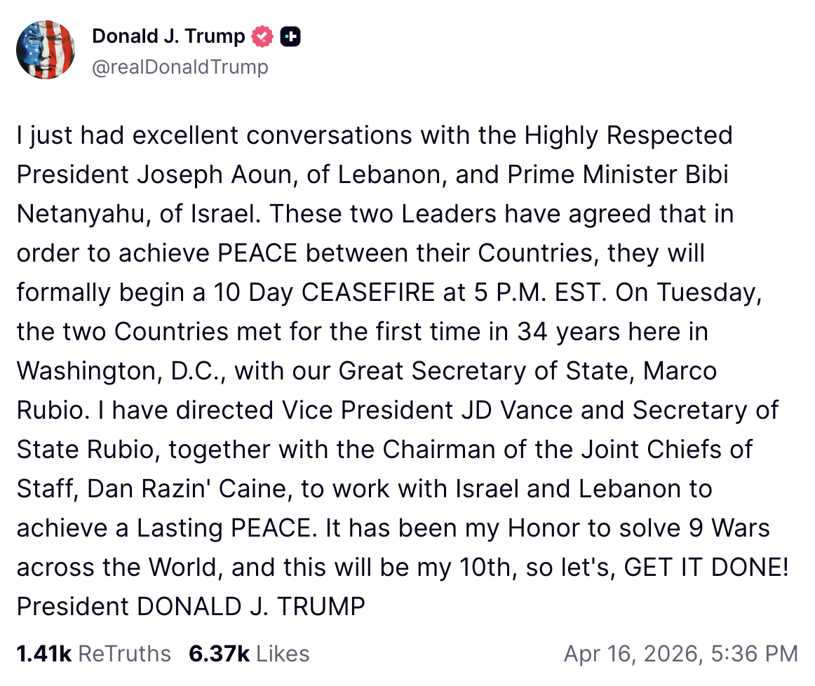 Donald Trump ogłasza zawieszenie broni między Izraelem a Libanem (16.04)