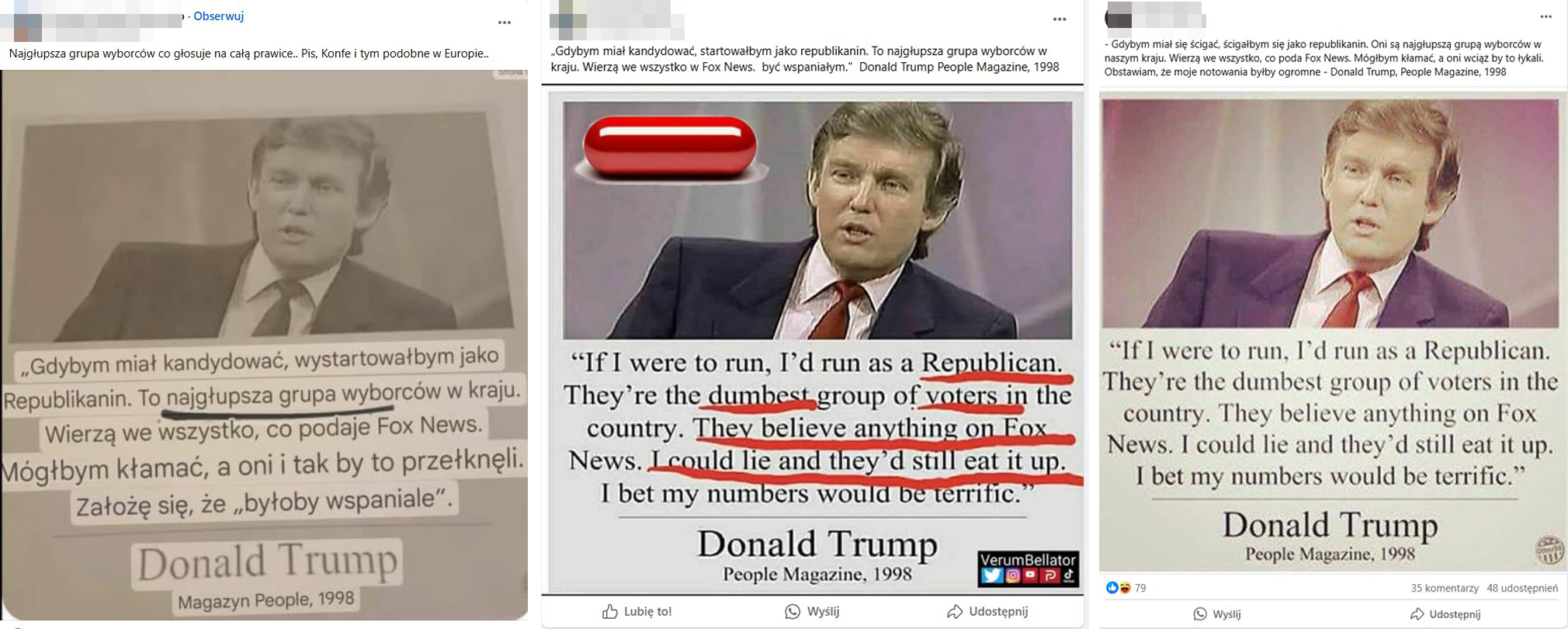 Zmyślony cytat Trumpa, który rozchodzi się teraz (post z lewej), był już rozpowszechniany w polskiej sieci w 2021 czy 2016 roku (posty pierwszy i drugi z prawej)