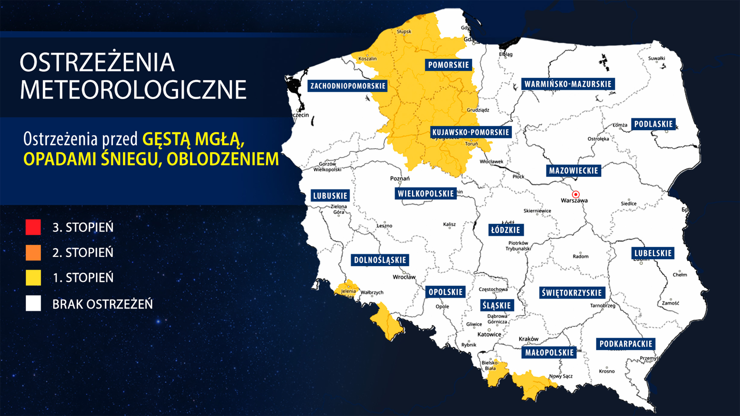 Synoptycy IMGW ostrzegają przed gęstą mgłą, oblodzeniem i opadami śniegu
