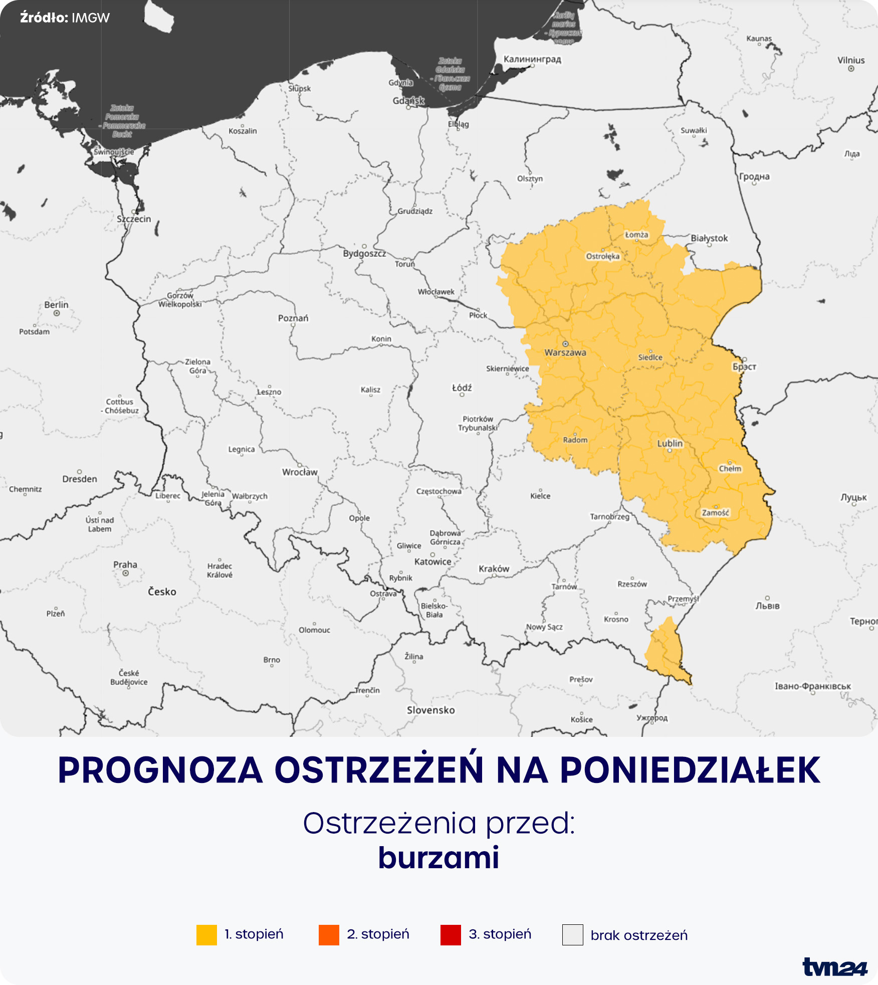 Prognoza zagrożeń IMGW na poniedziałek