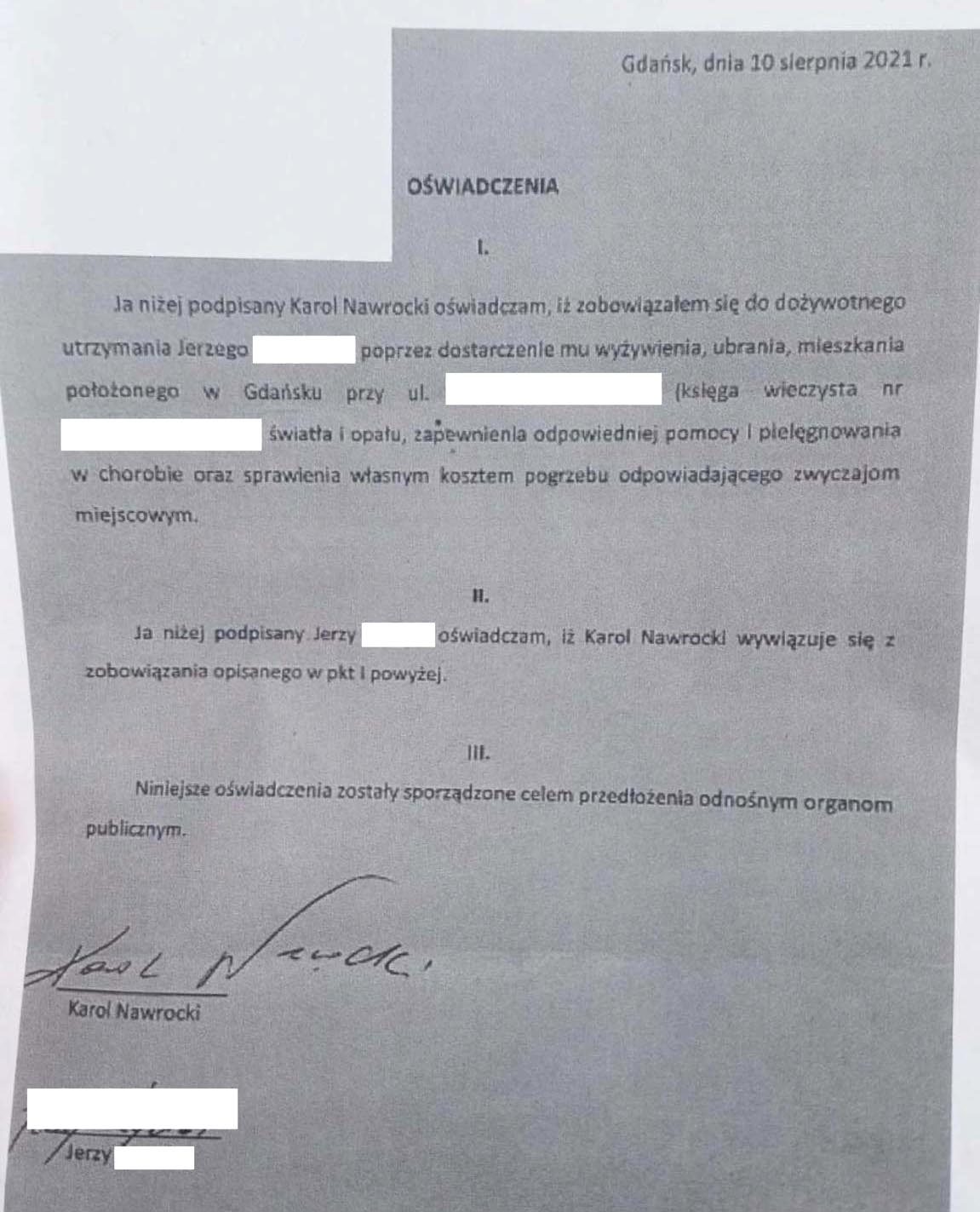 Pismo, w którym Karol Nawrocki zobowiązał się do opieki nad panem Jerzym