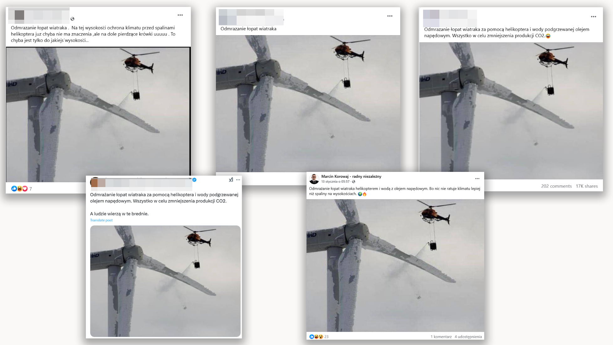Wpisy z Facebooka i serwisu X o odmrażaniu łopat turbin wiatrowych