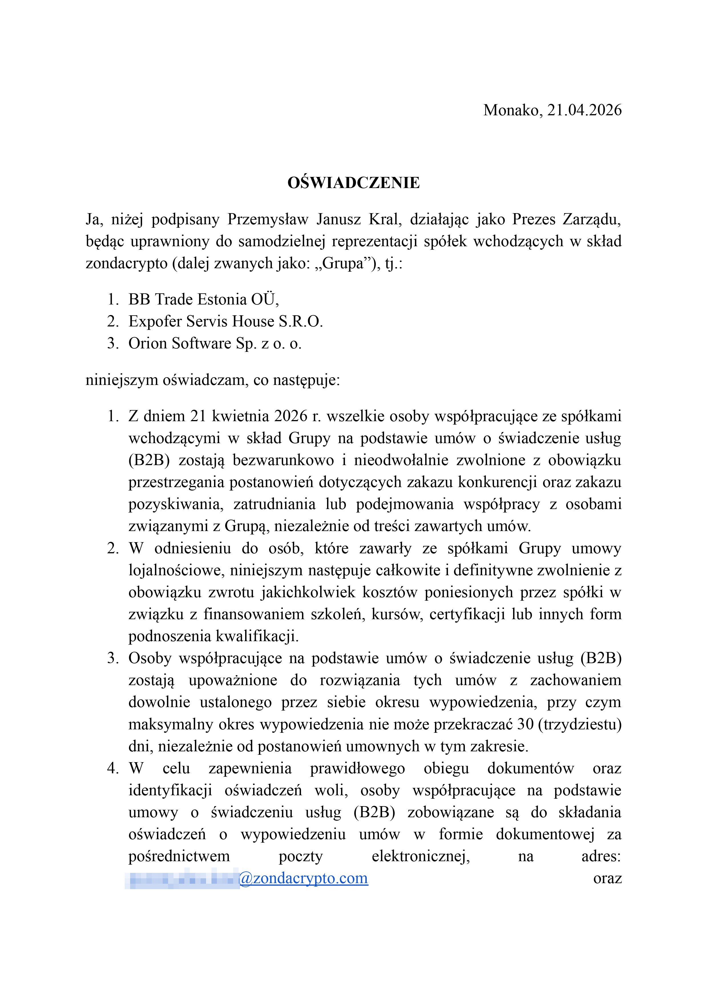 Oświadczenie Przemysława Krala - strona 1.