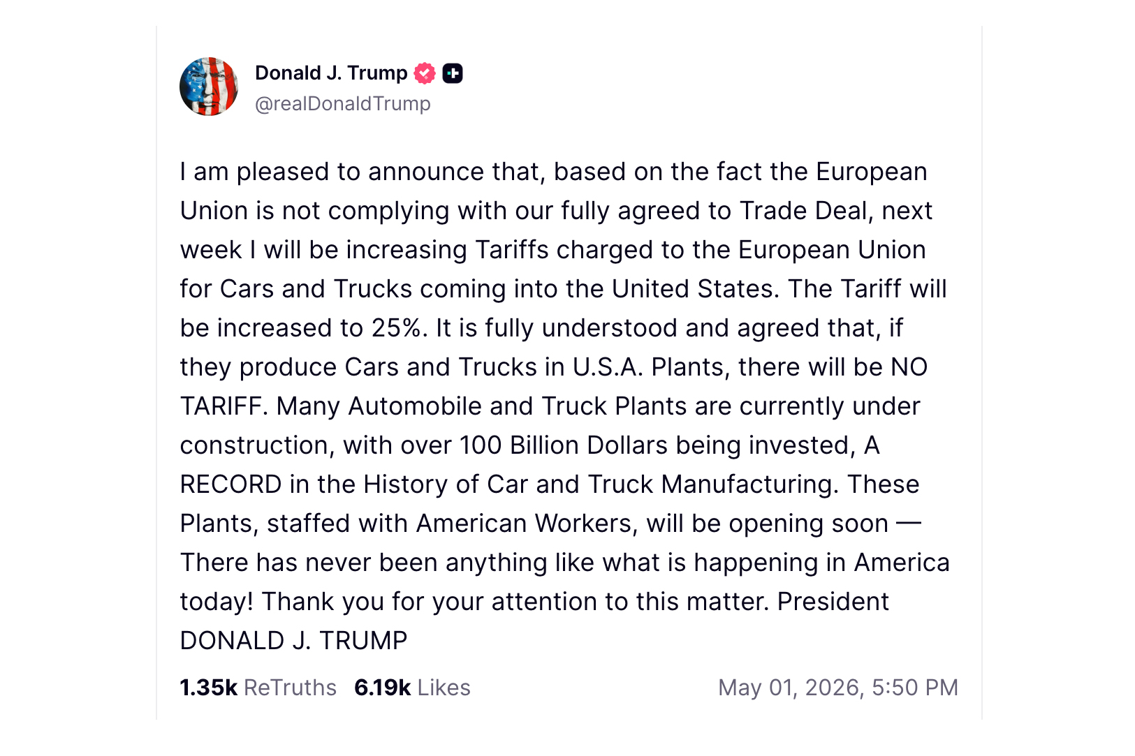 Donald Trump o podwyższeniu ceł