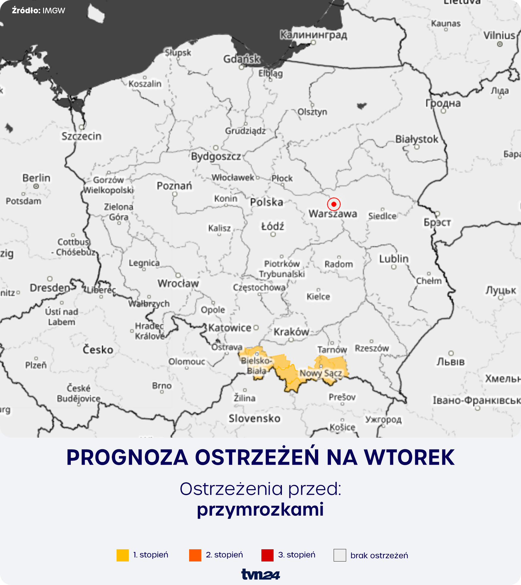 Prognoza zagrożeń IMGW na wtorek