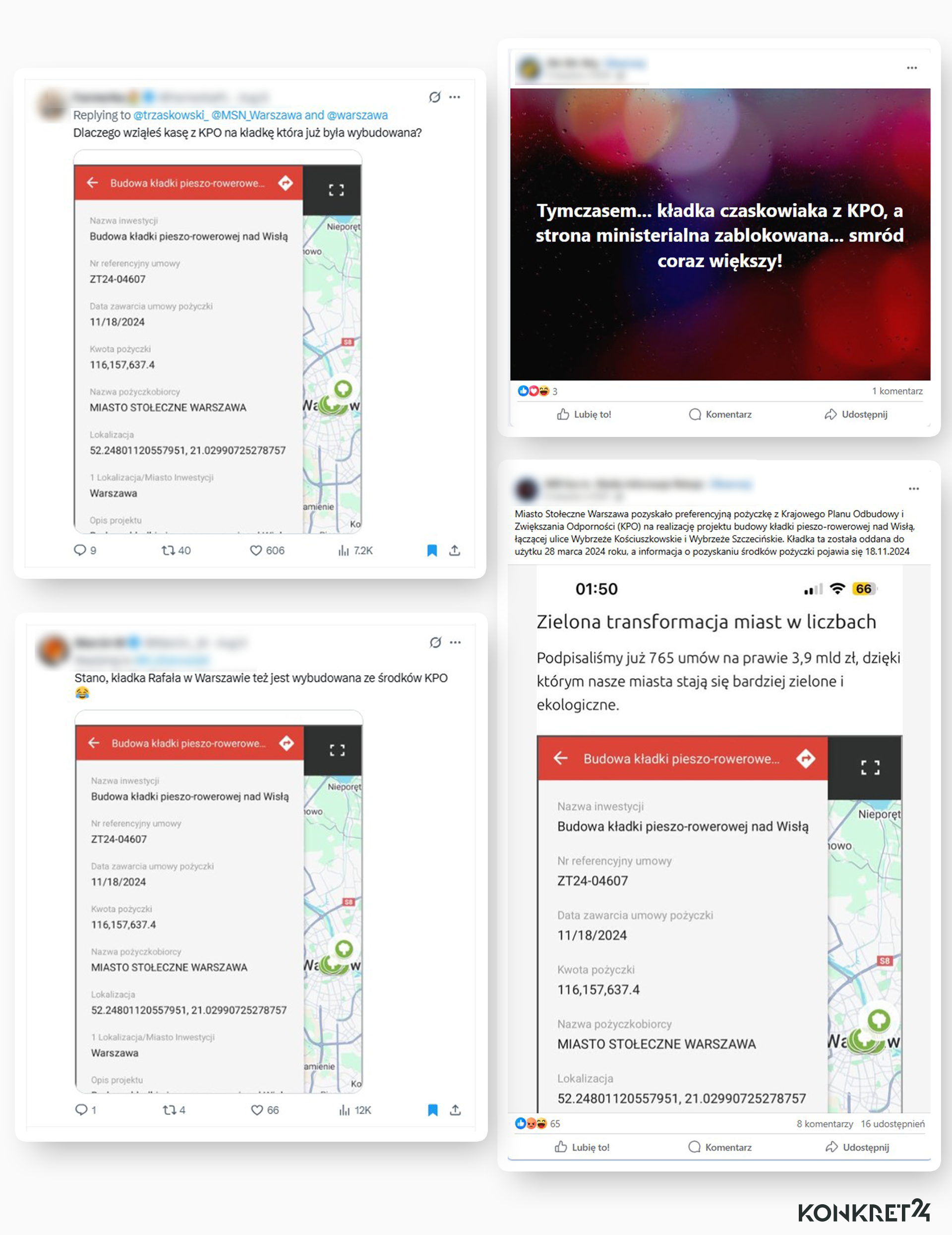 Wprowadzające w błąd kolejne wpisy internautów, którzy pożyczkę na kładkę w Warszawie fałszywie łączyli z dotacjami z KPO dla wybranych branż  