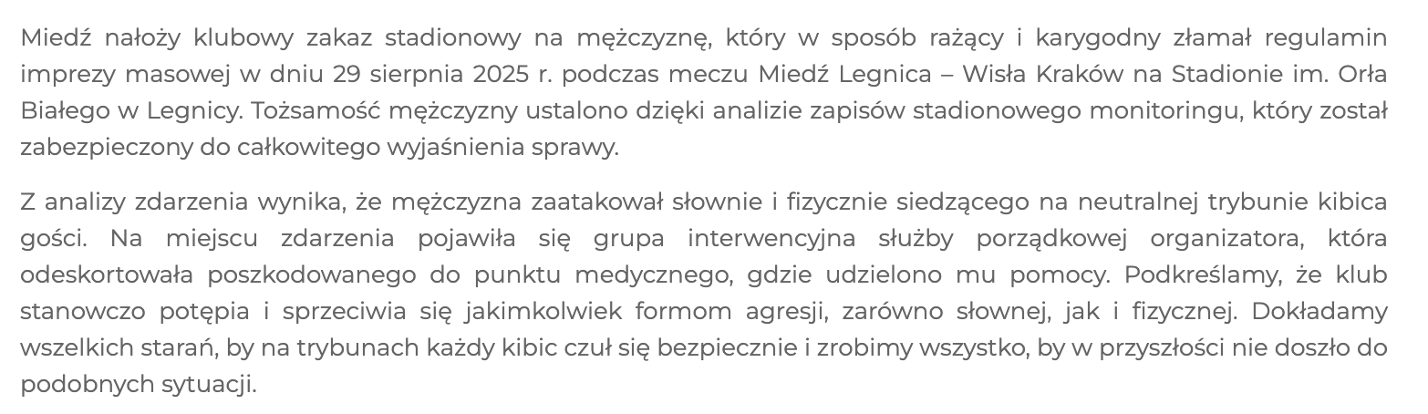 Komunikat klubu Miedź Legnica