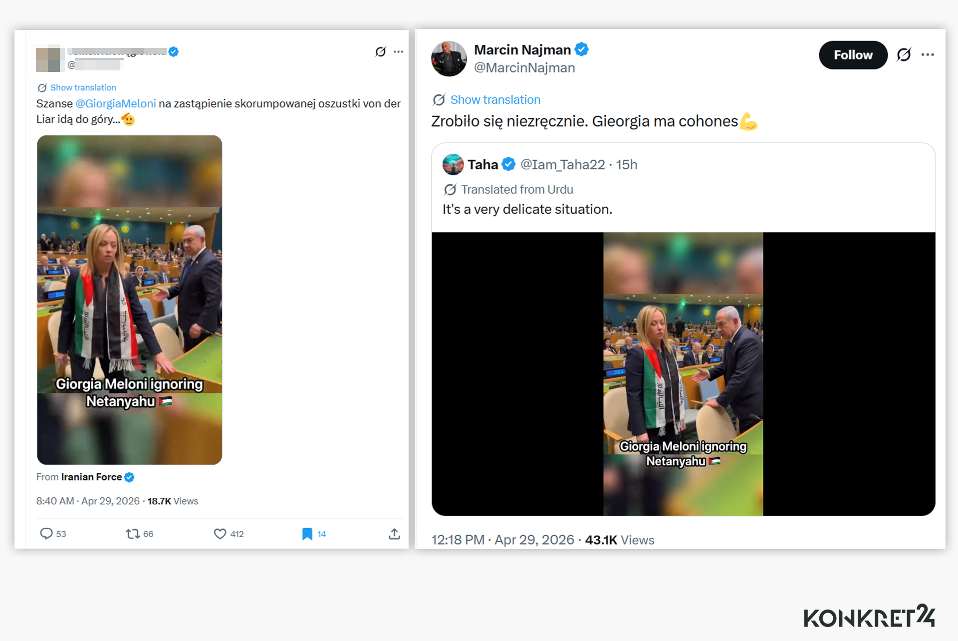 Polscy internauci rozpowszechniają wideo z rzekomym spotkaniem Meloni z Netanjahu