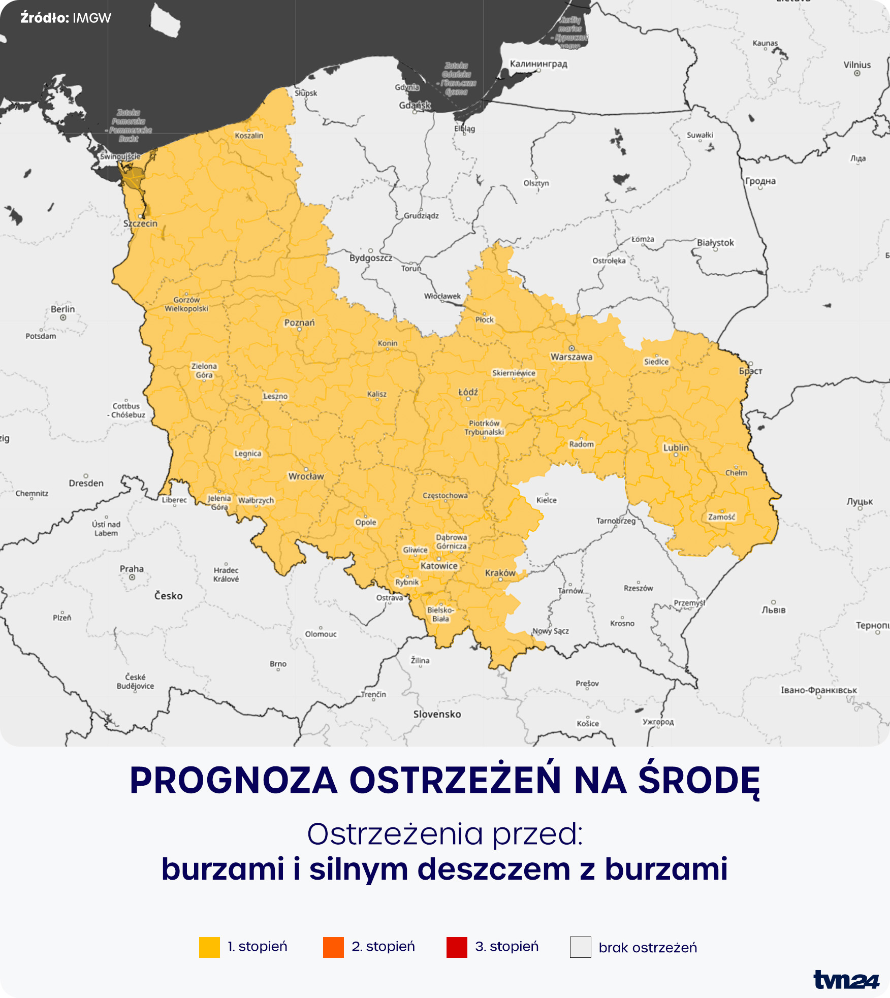 Prognoza ostrzeżeń meteorologicznych na środę