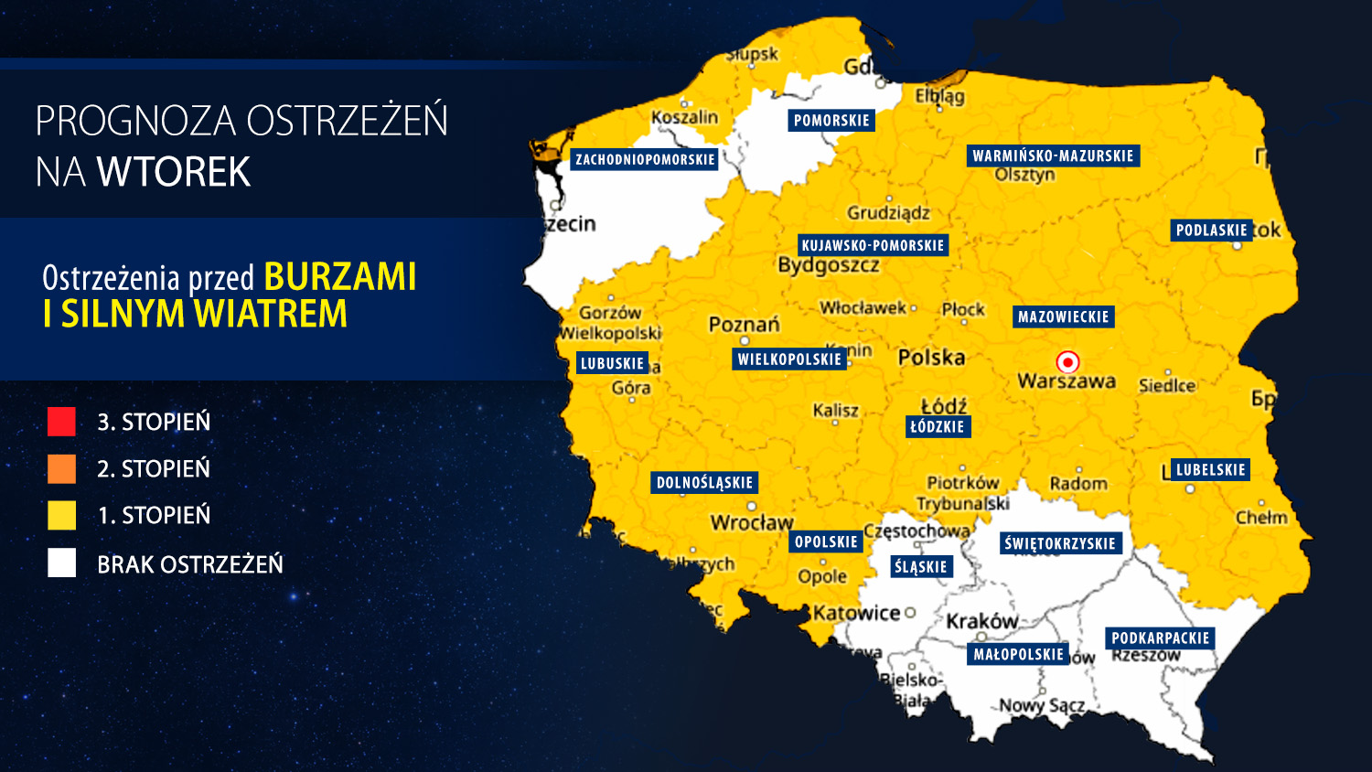 Prognoza zagrożeń IMGW na wtorek