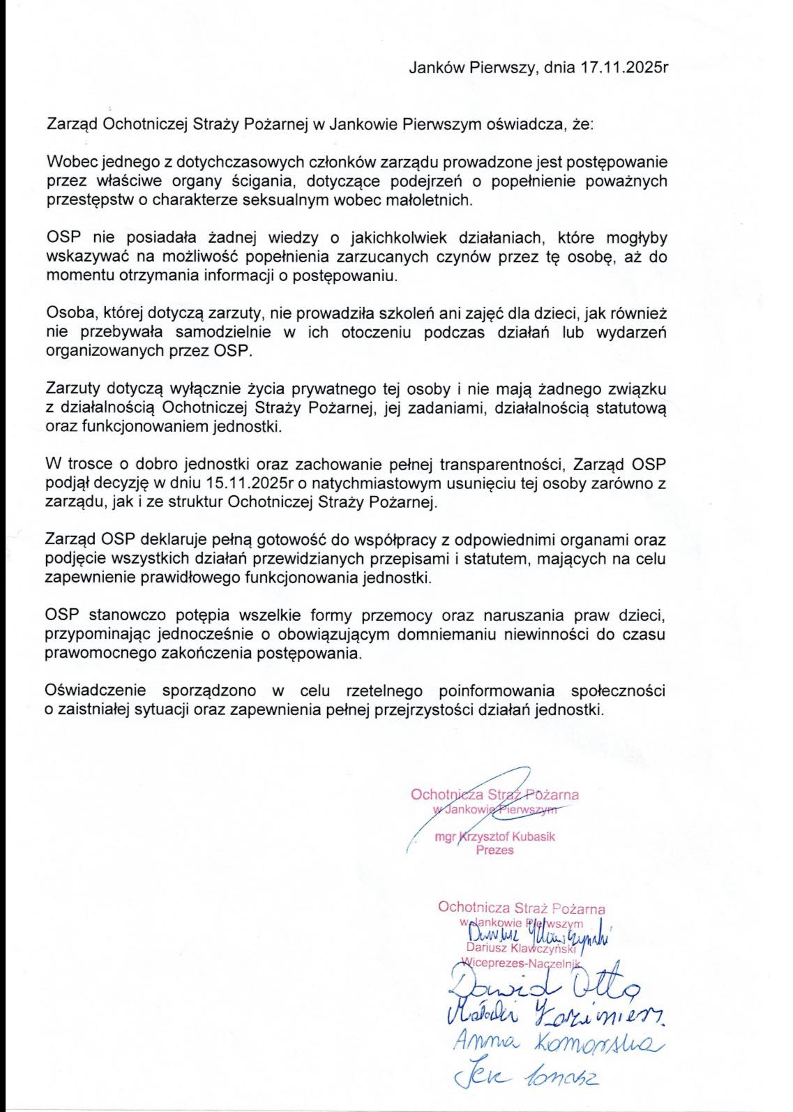 Oświadczenie OSP w Jankowie Pierwszym