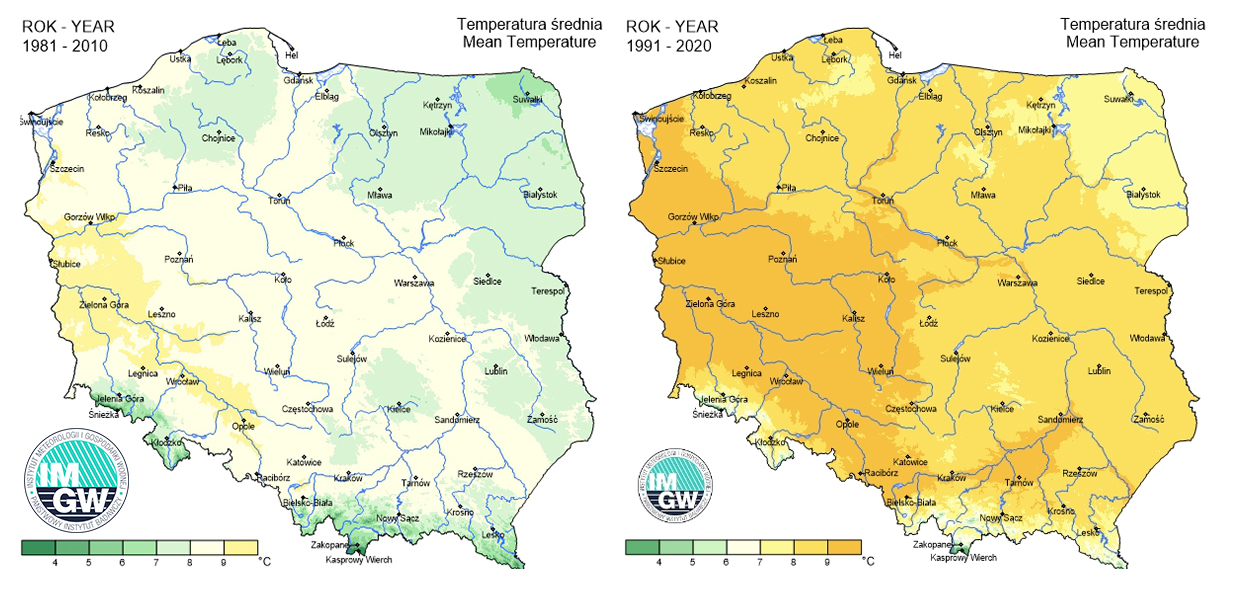 Średnia roczna temperatura w Polsce w latach 1981-2010 oraz 1991-2020