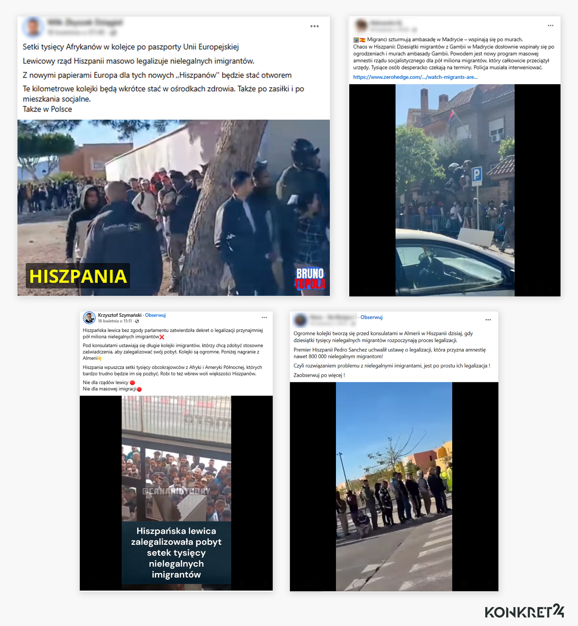 Posty o kolejkach imigrantów w Hiszpanii, niektóre treścią bądź zdjęciami wprowadzają w błąd