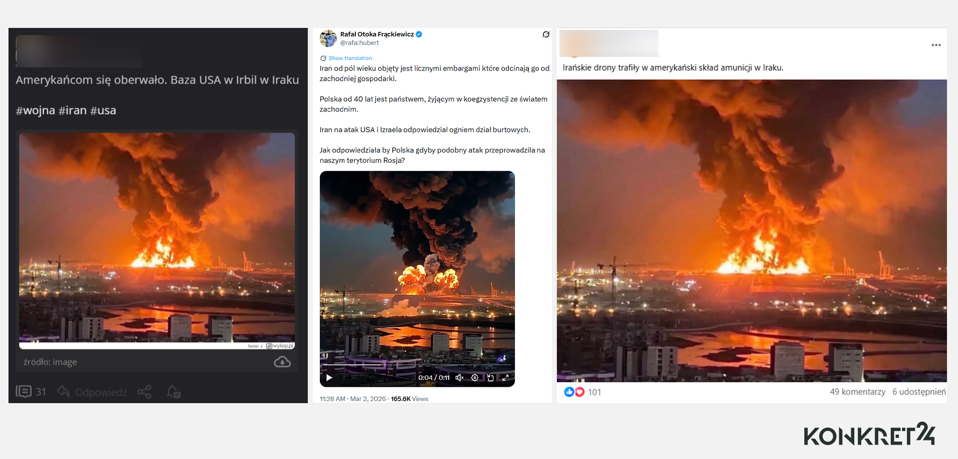 W wpisach informowano, że płonie "baza USA w Irbil w Iraku" lub "amerykański skład amunicji w Iraku"