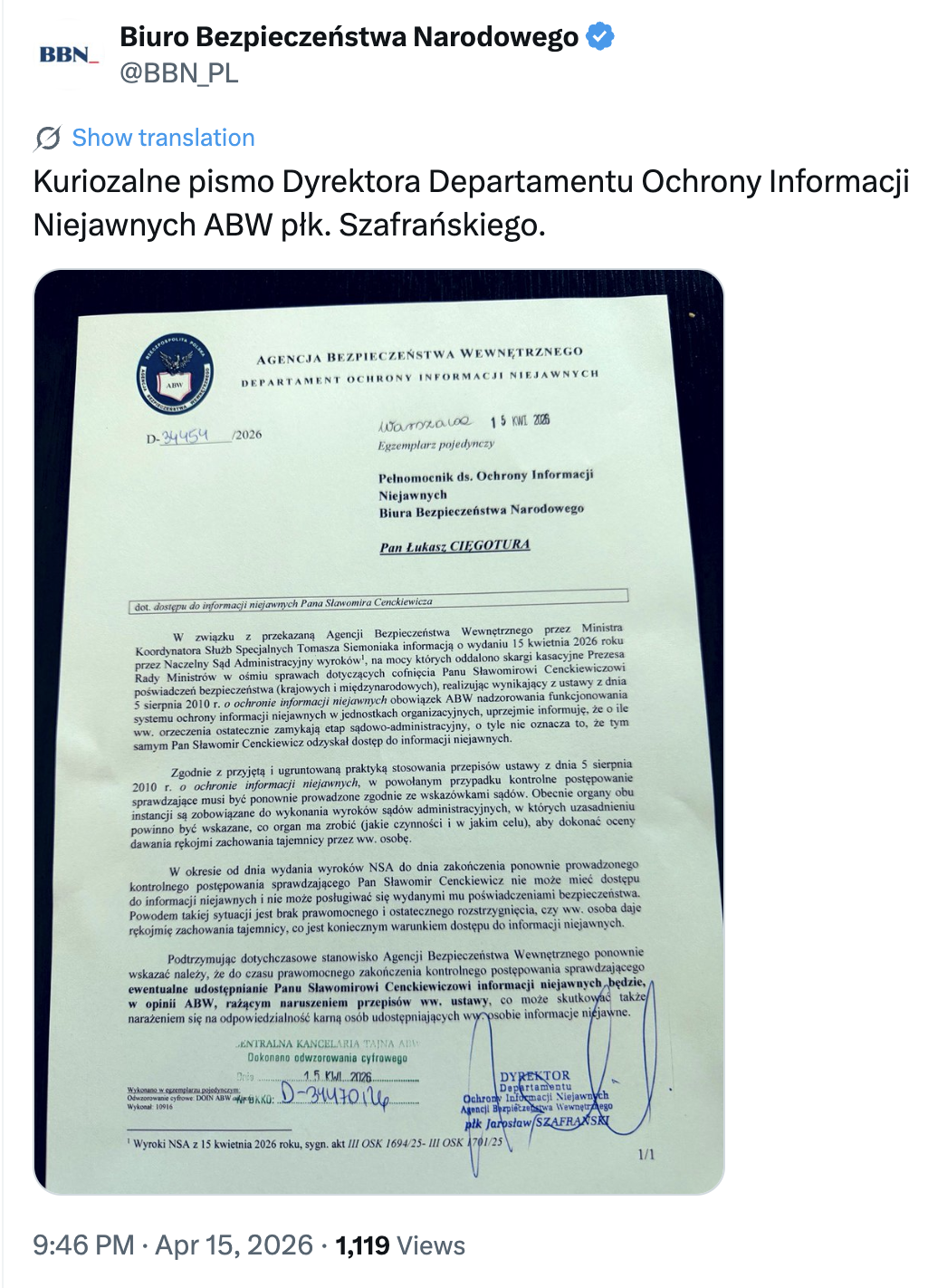 Wpis BBN z pismem ABW w sprawie Cenckiewicza