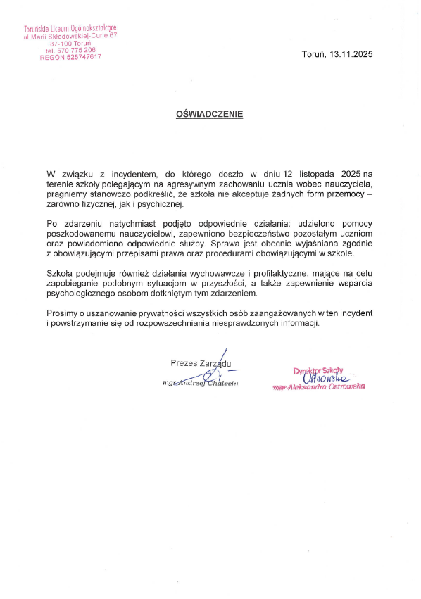 Oświadczenie Toruńskiego Liceum Ogólnokształcącego