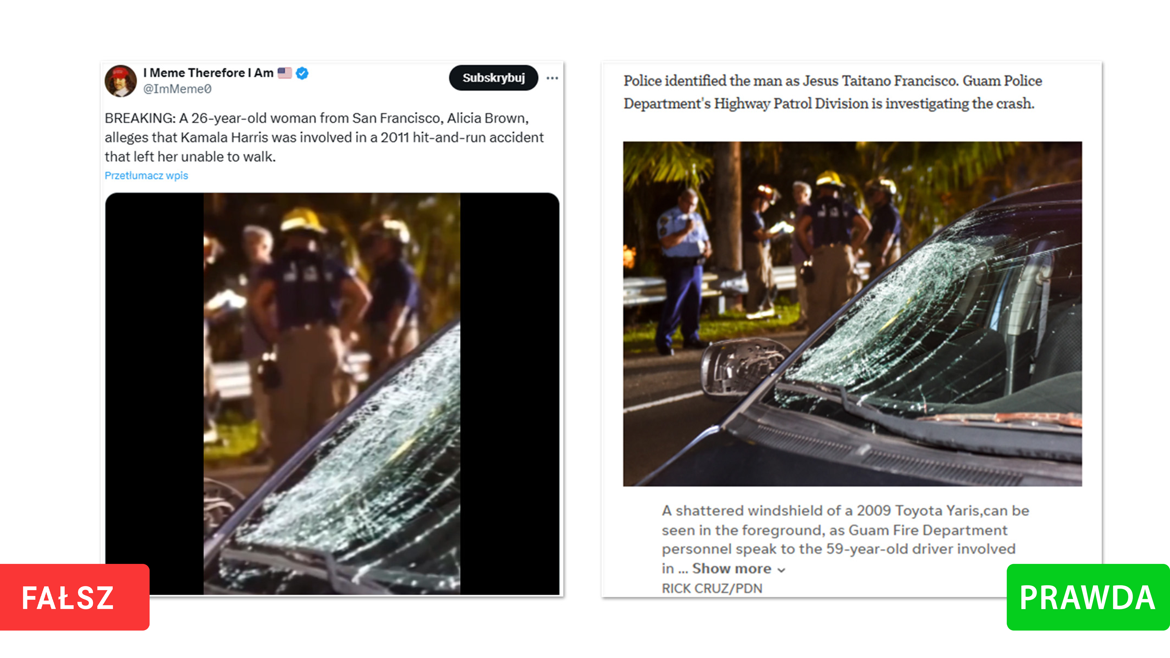 BBC Verify ustaliło, że fotografia pokazana w materiale o wypadku, który miała rzekomo spowodować Kamala Harris, pochodzi z 2018 roku i przedstawia zdarzenie w Mangilao