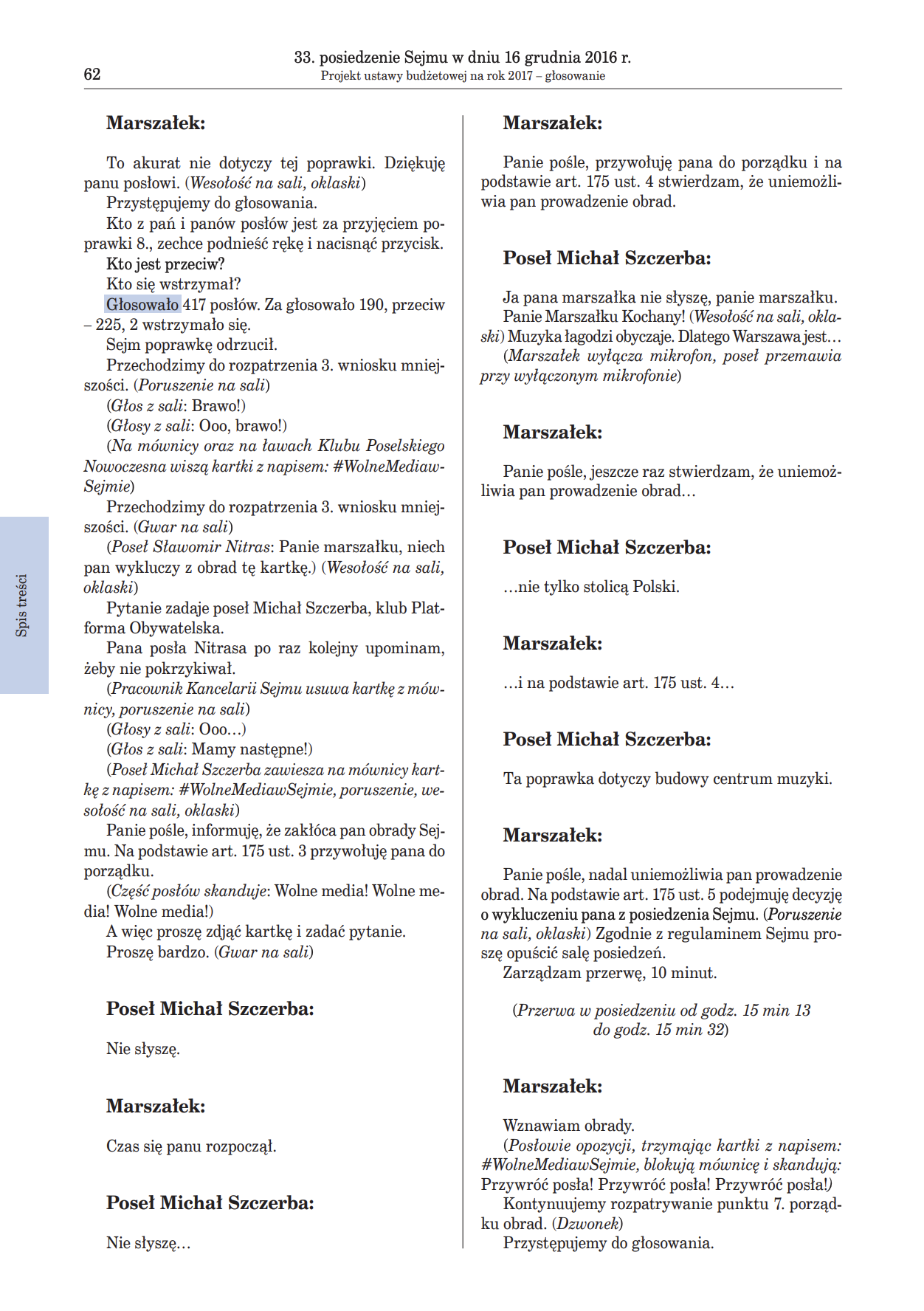62. strona stenogramu sejmowego z posiedzenia 16 grudnia 2016 roku, w której opisane jest wykluczenie Michała Szczerby z obrad