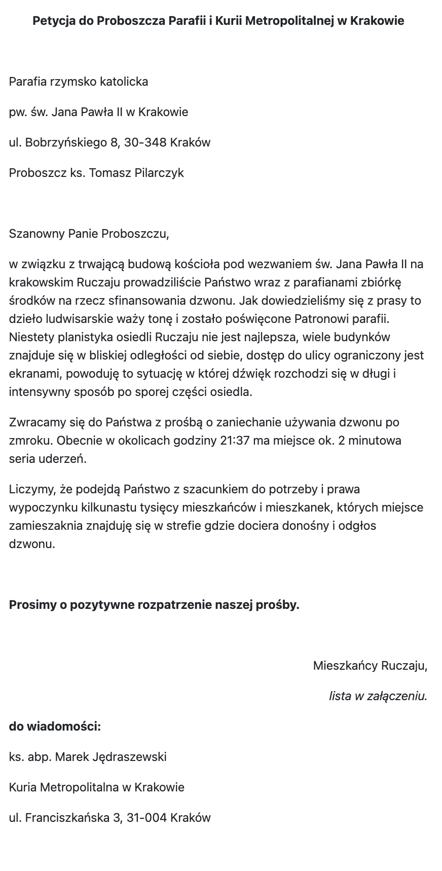 Petycja do abp. Marka Jędraszewskiego