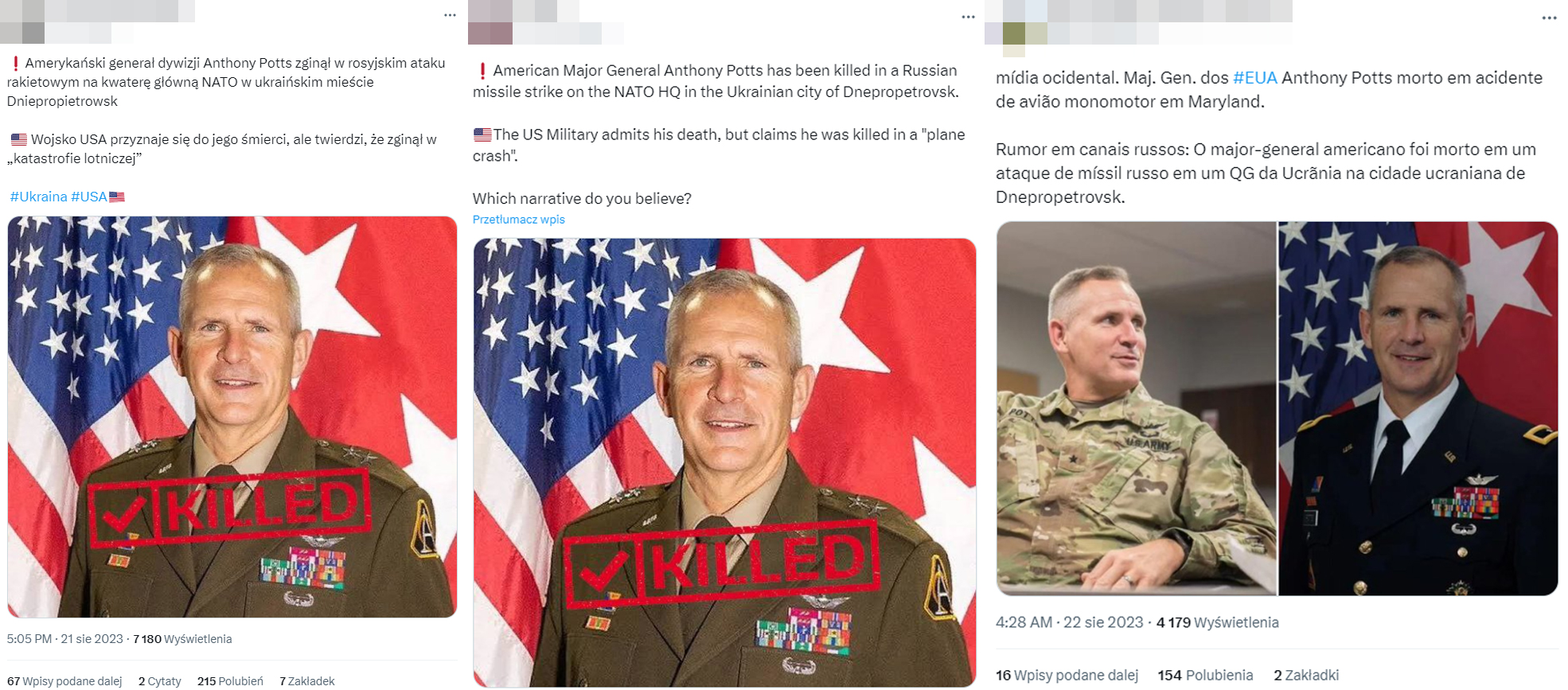 Posty z fałszywą informacją o śmierci amerykańskiego generała w Ukrainie