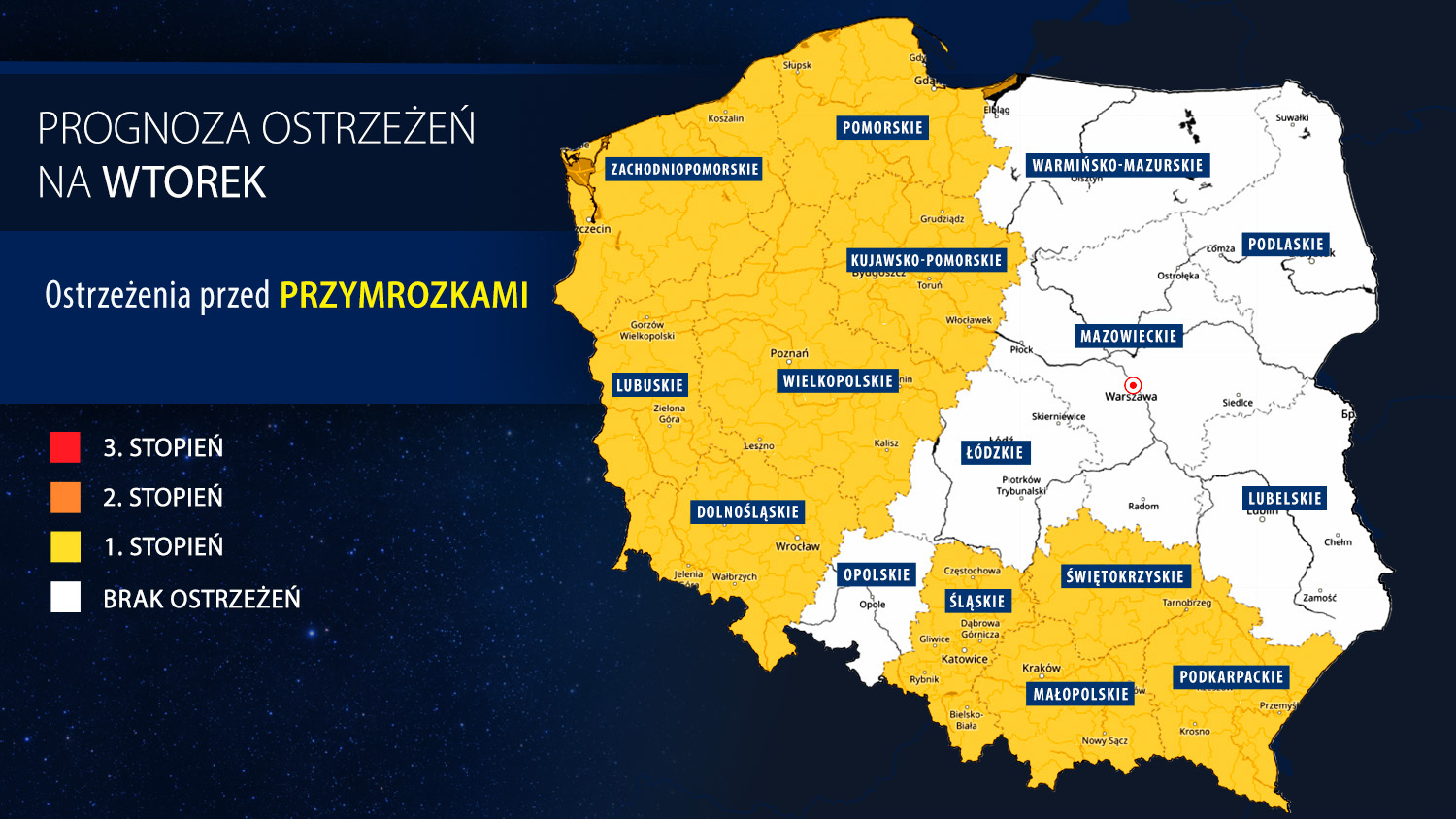 Prognoza zagrożeń IMGW na wtorek