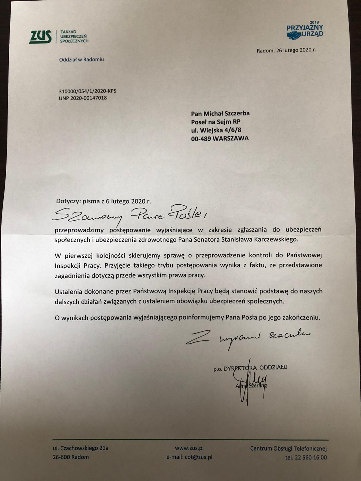 Odpowiedź ZUS na pismo Michała Szczerby
