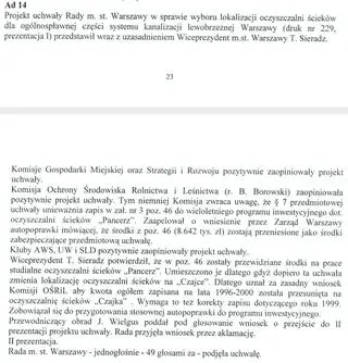 Radni jednogłośnie decydują o rozbudowie Czajki (fragment protokołu)