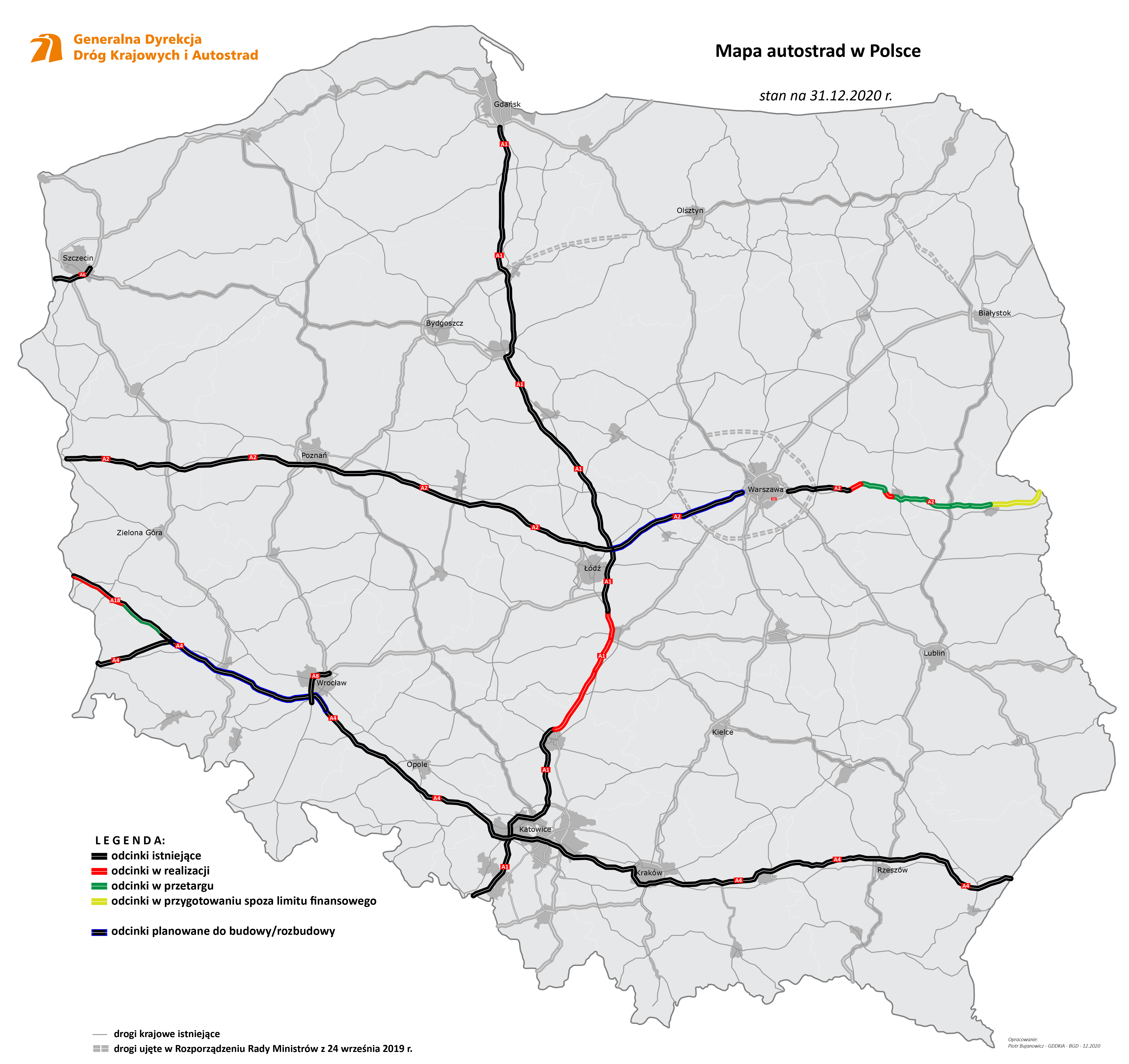 Mapa autostrad w Polsce (stan na 31 grudnia 2020 roku)