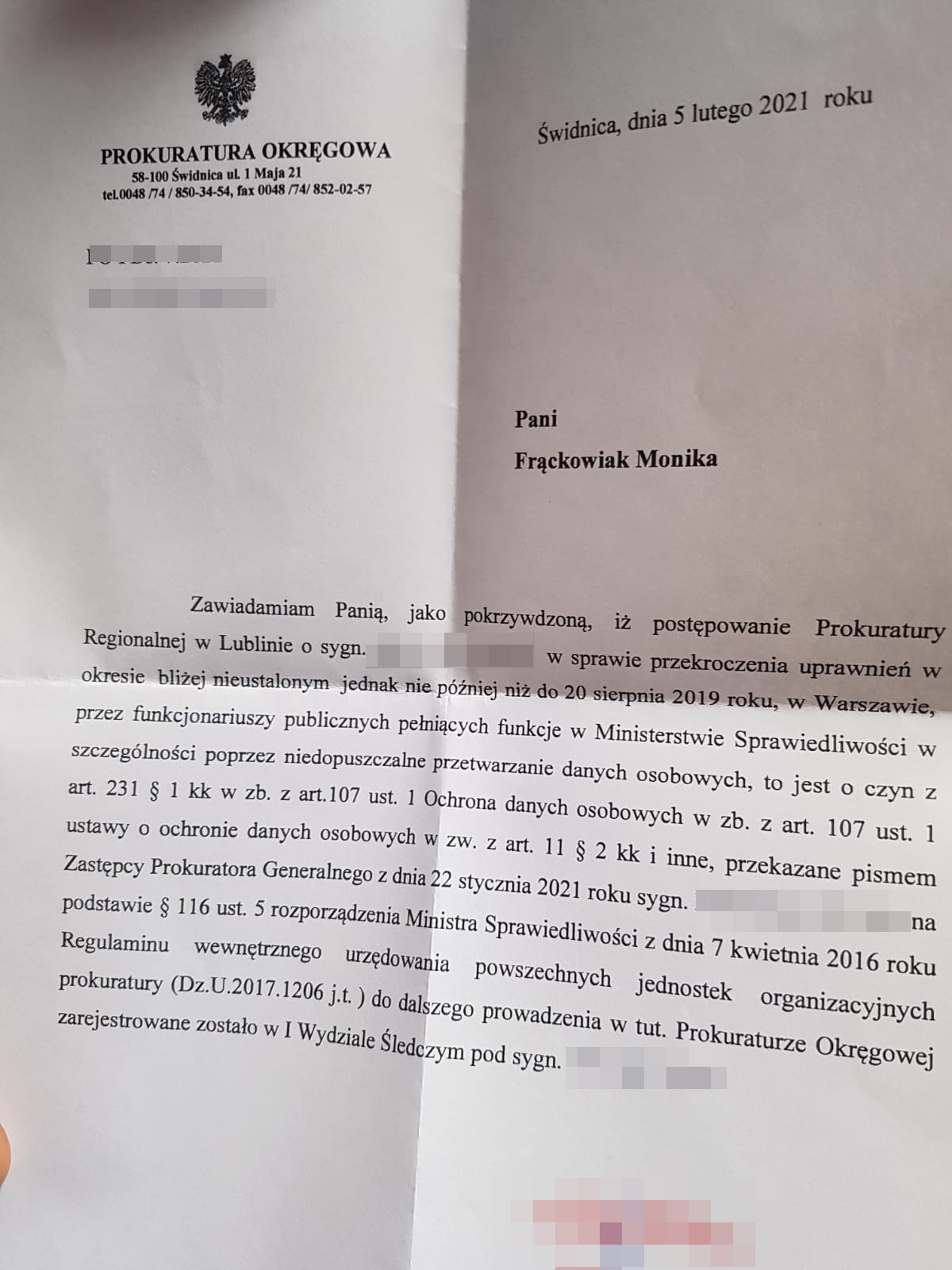 Decyzja prokuratury w sprawie przeniesienia śledztwa, doręczona sędzi Monice Frąckowiak