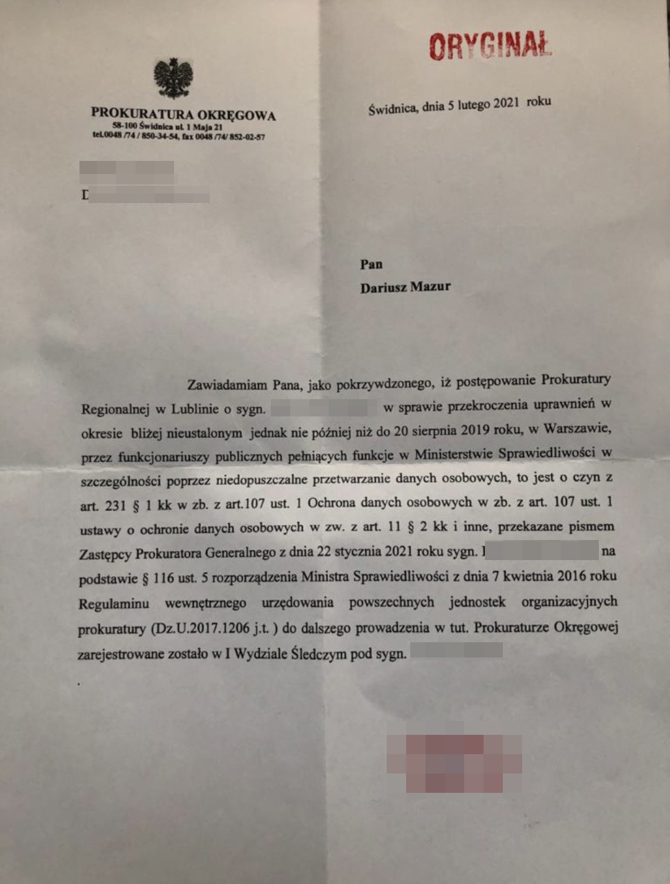 Decyzja prokuratury w sprawie przeniesienia śledztwa, doręczona sędziemu Dariuszowi Mazurowi