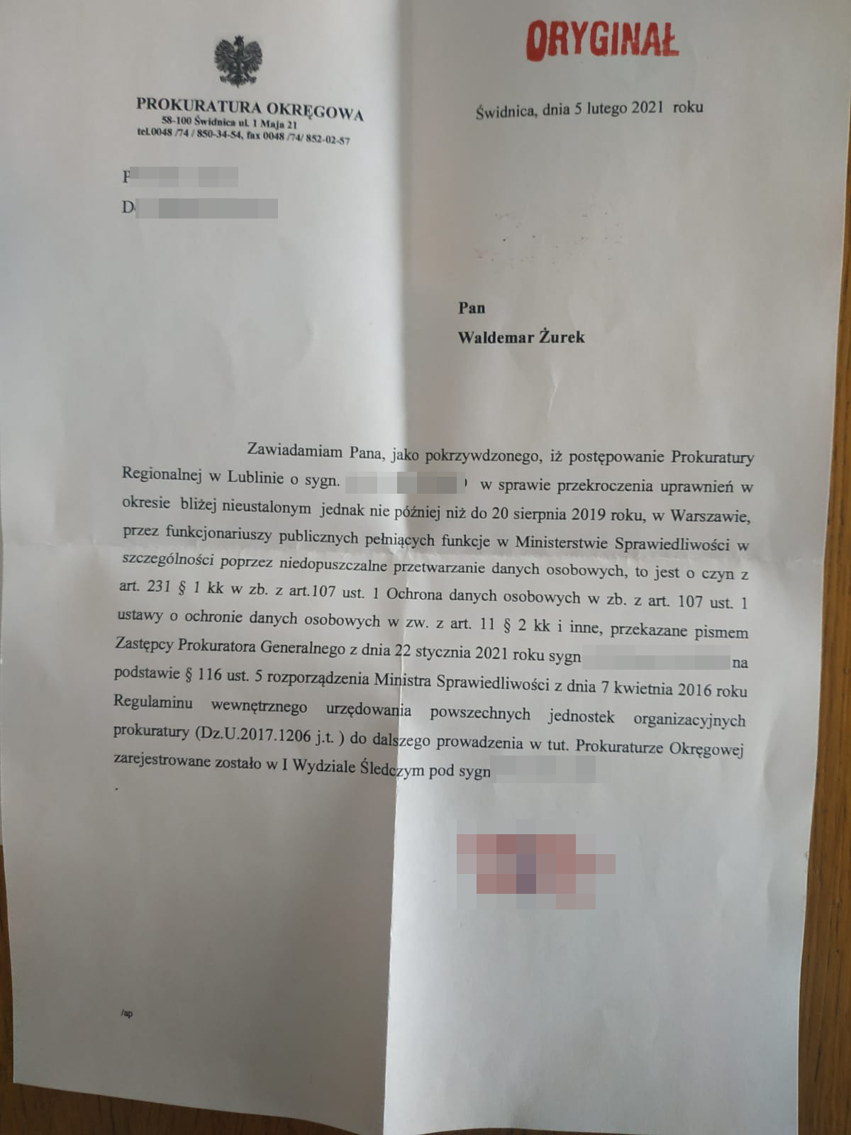Decyzja prokuratury w sprawie przeniesienia śledztwa, doręczona sędziemu Waldemarowi Żurkowi