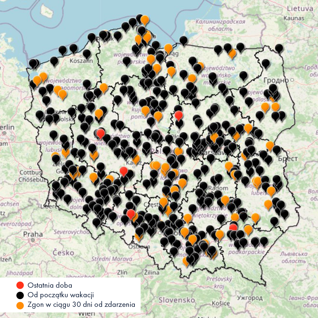 Mapa wypadków drogowych, do jakich doszło w wakacje 2021 roku