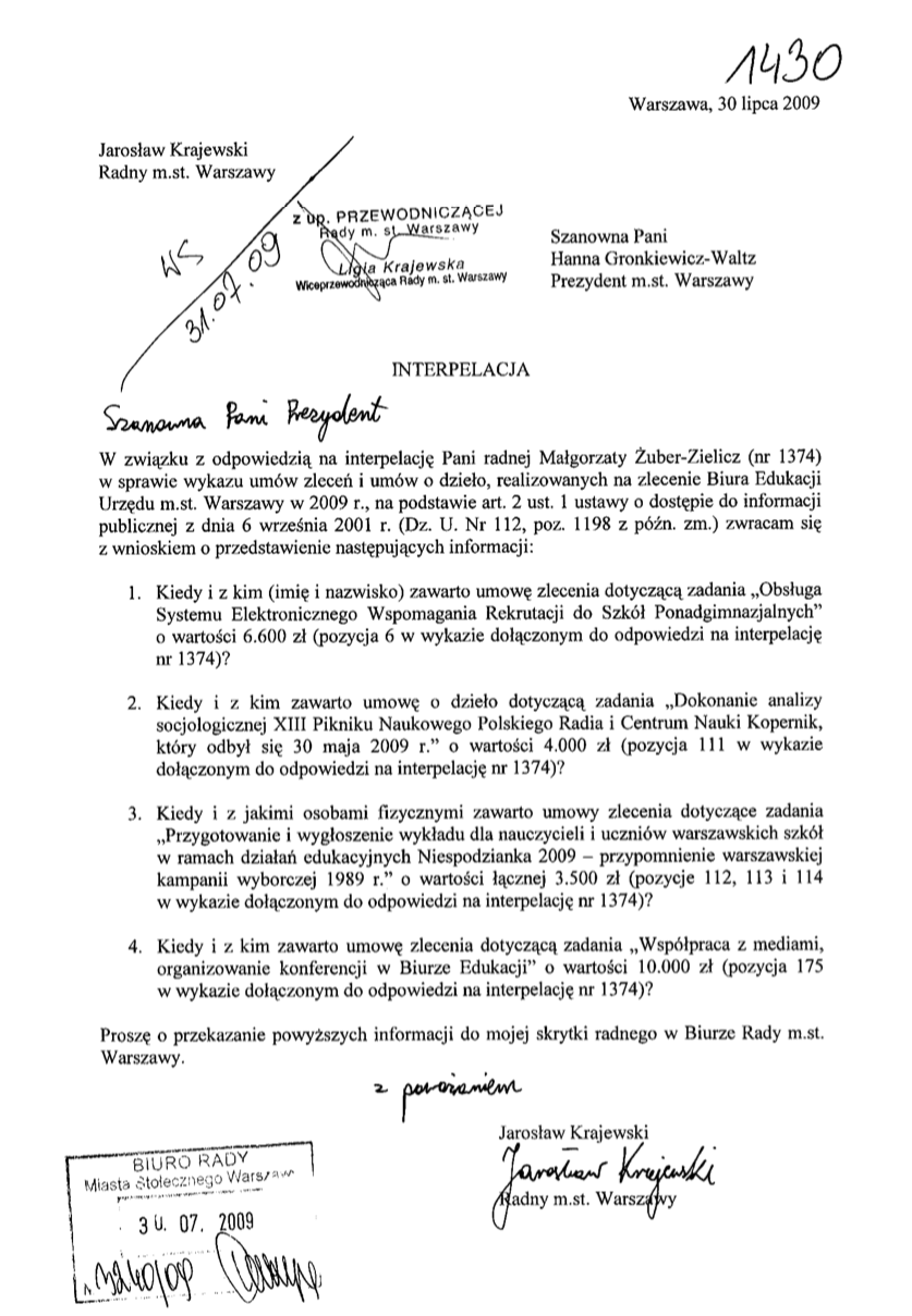 Interpelacja radnego Jarosława Krajewskiego