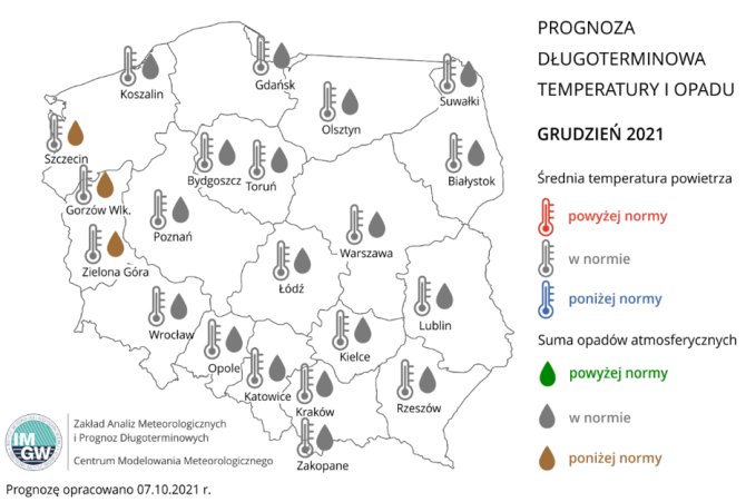 Prognoza długoterminowa temperatury i opadu - grudzień 2021