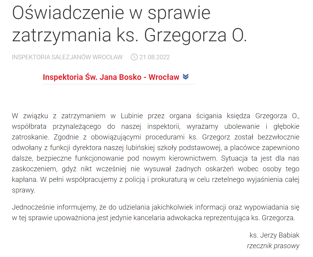 Oświadczenie w sprawie zatrzymania księdza Grzegorza O.