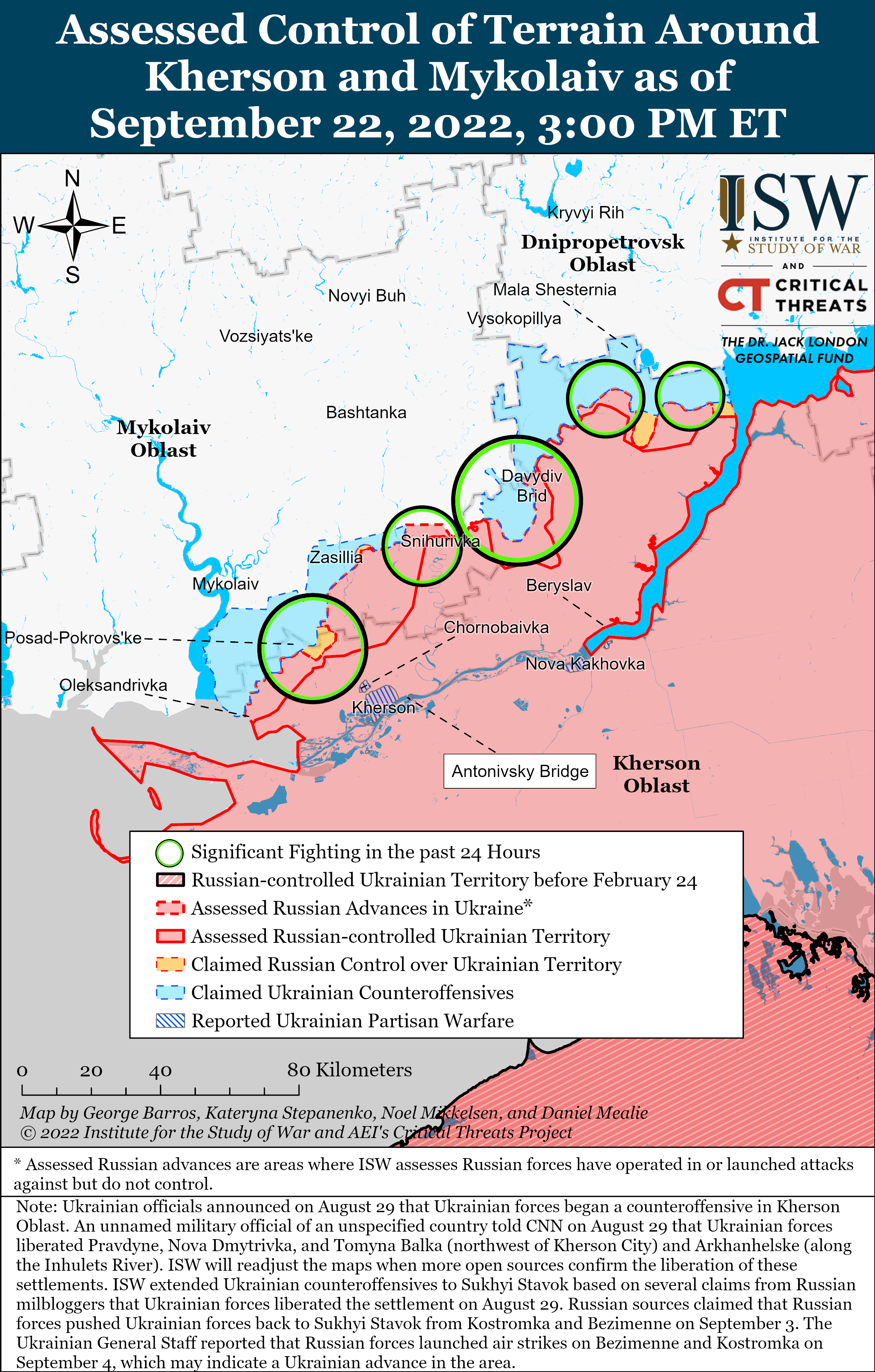 Miejsca, w których dochodzi do największych bitew między siłami ukraińskimi a rosyjskimi. Mapa przygotowana przez Instytut Studiów nad Wojną (ISW)