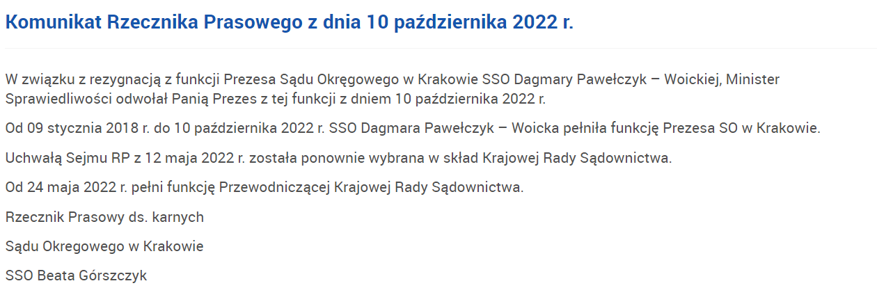 Dagmara Pawełczyk-Woicka zrezygnowała z funkcji prezesa Sądu Okręgowego w Krakowie