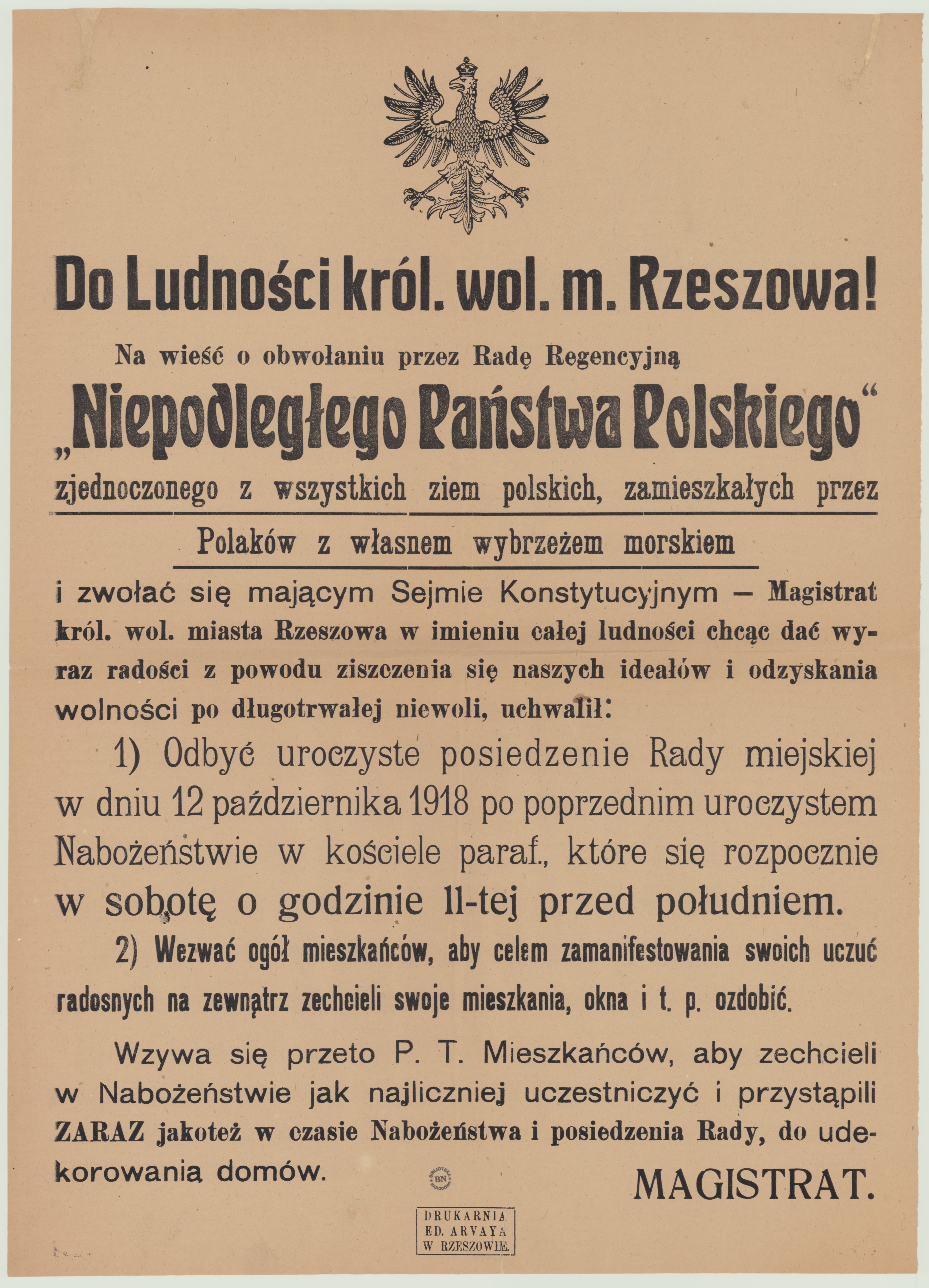 Obwieszczenie do mieszkańców Rzeszowa wydane w 1918 roku "na wieść o obwołaniu przez Radę Regencyjną Niepodległego Państwa Polskiego"