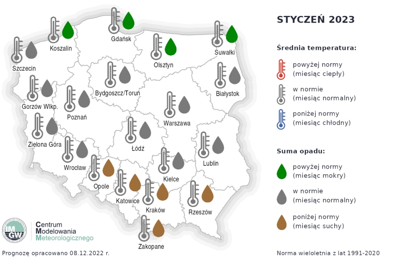 Prognoza średniej miesięcznej temperatury powietrza i miesięcznej sumy opadów atmosferycznych na styczeń 2023 r. dla wybranych miast w Polsce