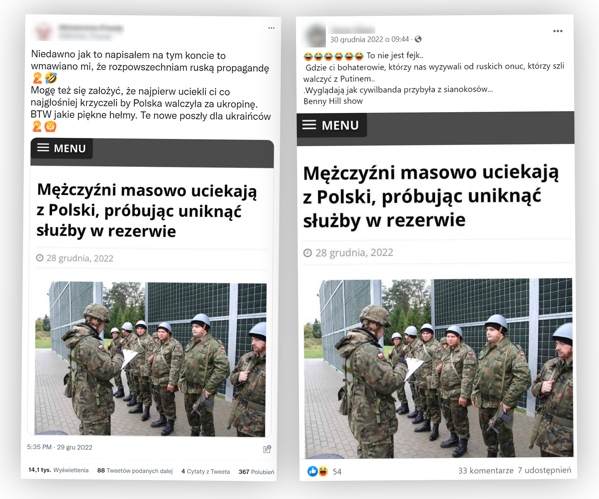 Posty z fałszywym przekazem publikowane w grudniu 2022 roku