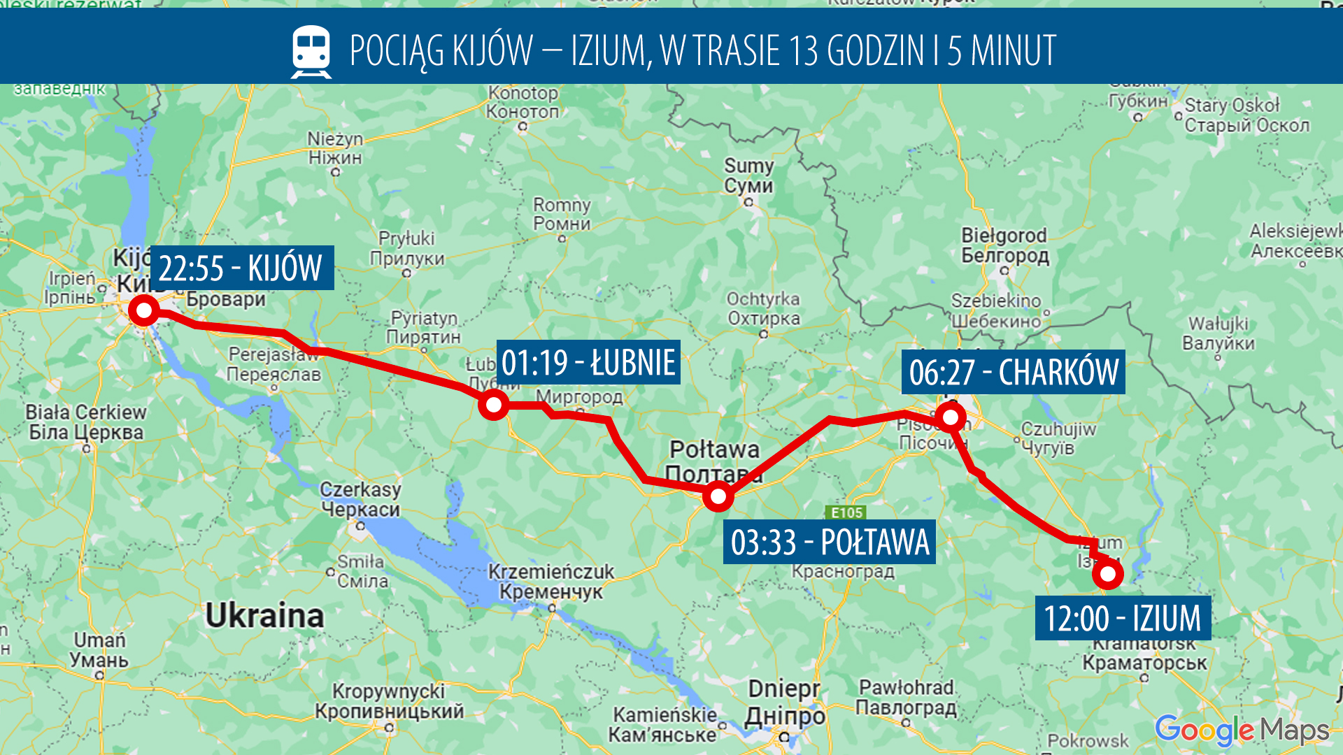 Trasa pociągu z Kijowa do Iziumu