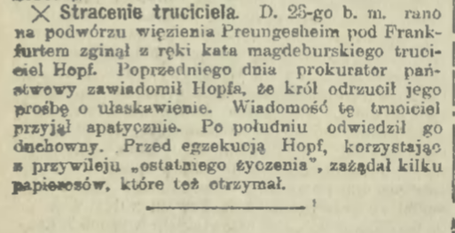 O straceniu truciciela z Frankfurtu 24 marca 1914 roku informował "Kurjer Warszawski"