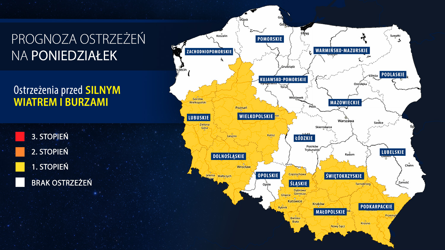 Prognoza zagrożeń IMGW na poniedziałek