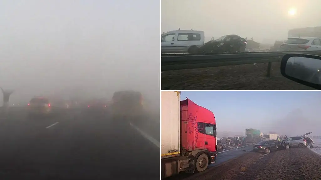 Widoczność niemal zerowa hamowanie w ostatniej chwili. Nagranie z wnętrza auta