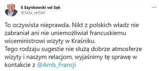 Szymon Szynkowski vel Sęk reaguje na informacje dotyczące wizyty francuskiego polityka w Kraśniku