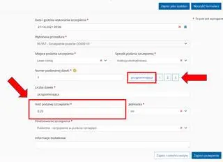 Aby prawidłowo wypełnić e-kartę szczepienia dla dawki przypominającej należy na stronie gabinet.gov.pl, w polu "numer podawanej dawki" wybrać "Przypominająca".
W przypadku podania połowy dawki szczepionki Spikevax należy w polu "ilość podanej szczepionki" wpisać 0.25.