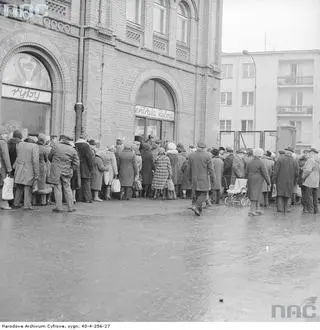 Tłum klientów przed Halą Mirowską w kolejce do stoisk rybnych (1979 r.)