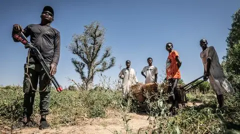 Nigeryjczycy strzegący farmy przed uzbrojonymi bandytami 