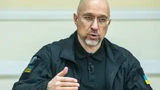 Premier Ukrainy Denys Szmyhal w trakcie konferencji prasowej w Kijowie